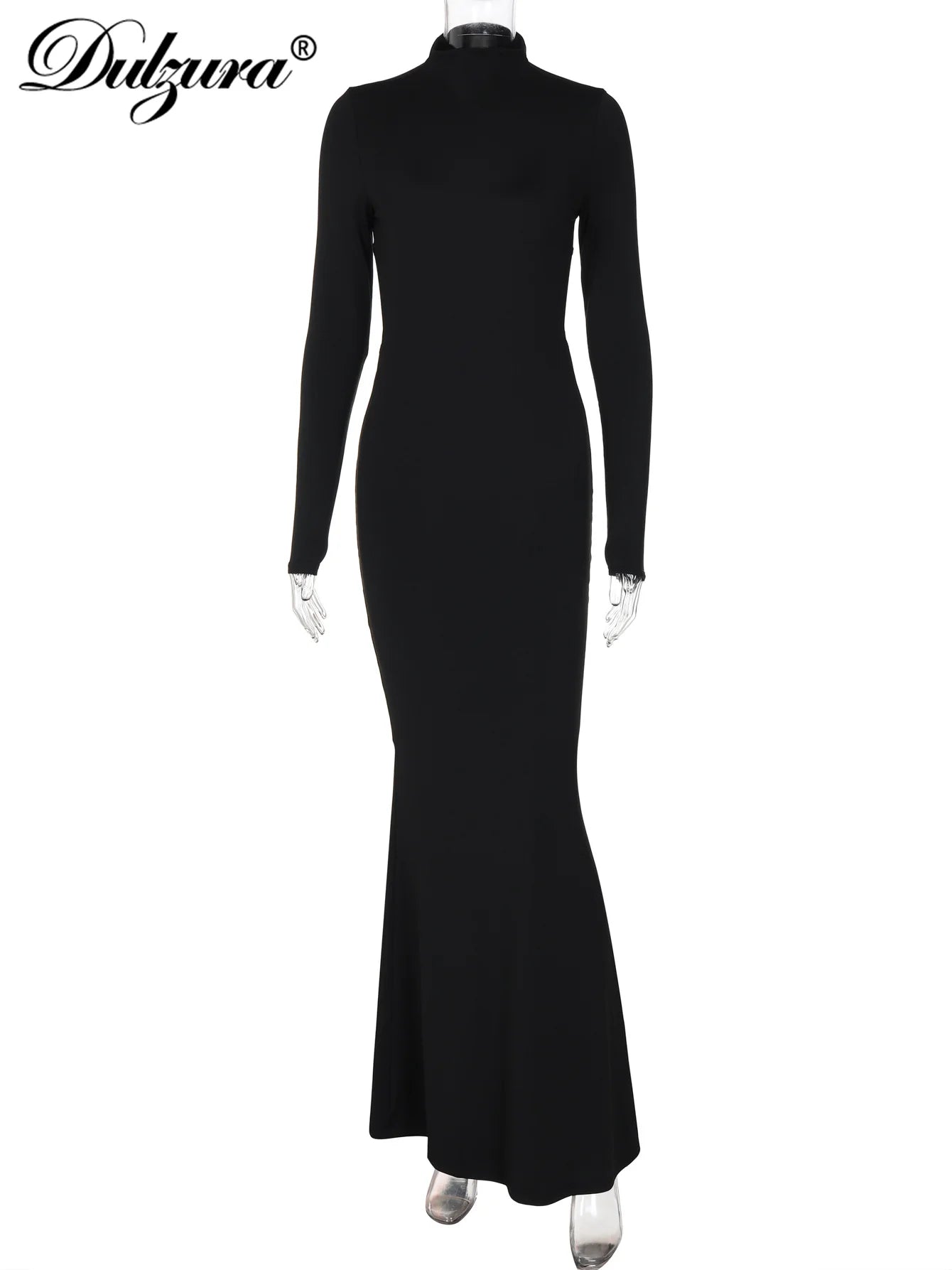 Dulzura Half High Collar Long Sleeves Backless Maxi Dress With Metal Button Solid Sexy Elegant Outfit Party Club Autumn Winter
