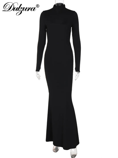 Dulzura Half High Collar Long Sleeves Backless Maxi Dress With Metal Button Solid Sexy Elegant Outfit Party Club Autumn Winter