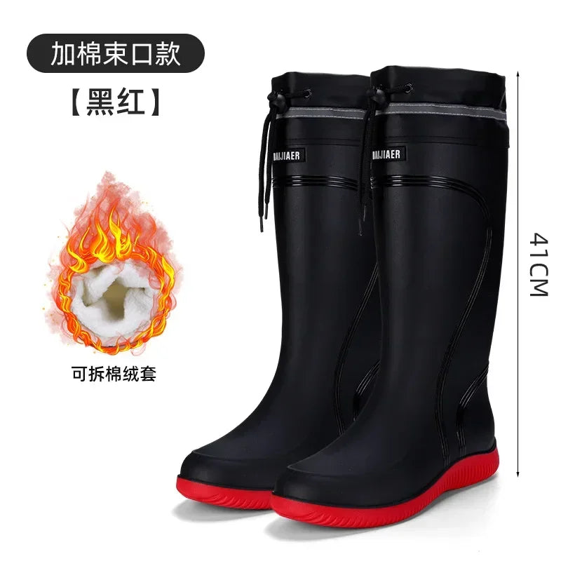 Men's Rain Boots Long Tube Water Shoes Non-slip Waterproof Safety Work Shoes Black Red Platform Cotton high-top outer wear