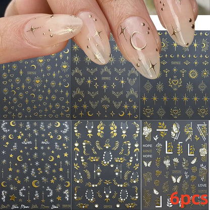 8Pcs Red Heart Nail Stickers 3D Bronzing Silver Gold Heart Shape Star & Moon Metal Totem Nail Slider Self-Adhesive DIY Nail Art*