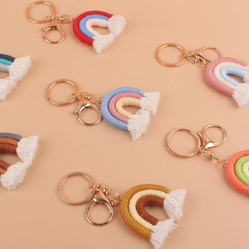 Lovely Hand Knitted Rainbow Tassel Keychain For Women Girl Cute Weave Key Ring Pendant Handbag Hanging Decoration Car Key Charms
