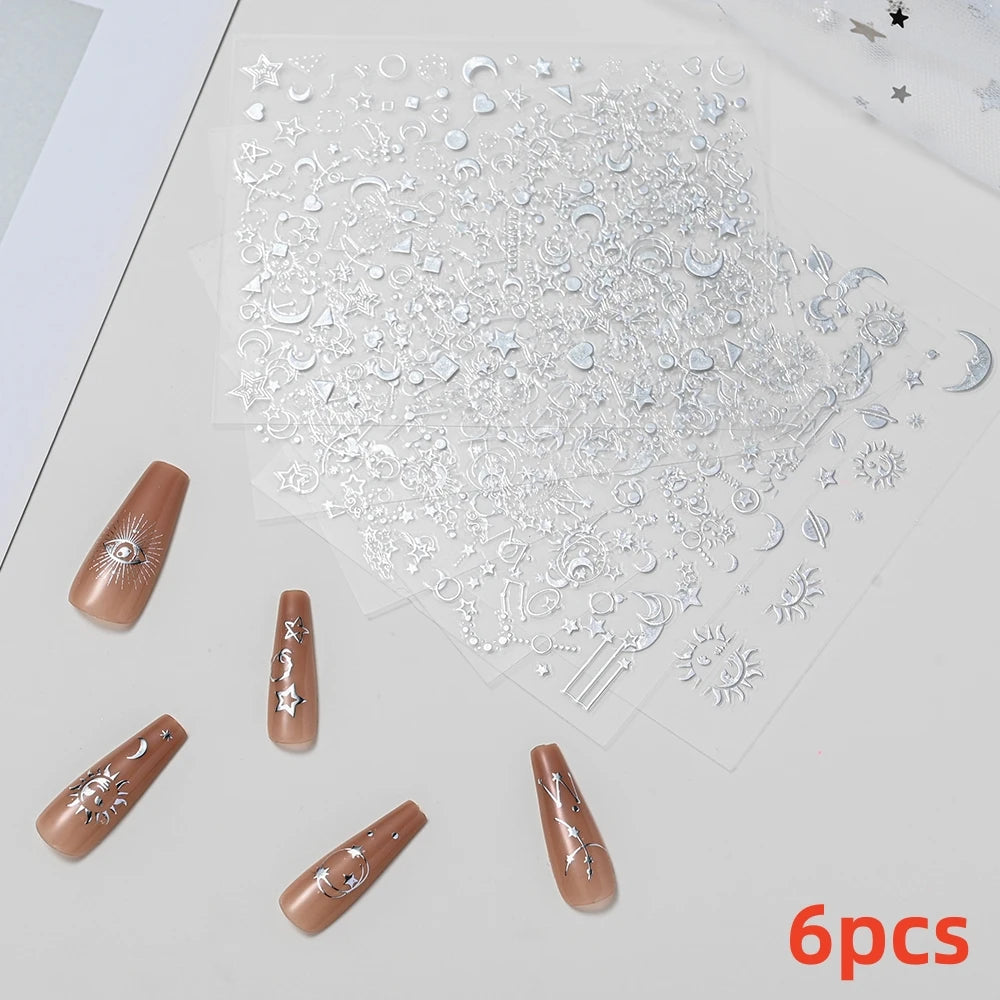 8Pcs Red Heart Nail Stickers 3D Bronzing Silver Gold Heart Shape Star & Moon Metal Totem Nail Slider Self-Adhesive DIY Nail Art*