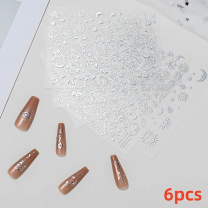 8Pcs Red Heart Nail Stickers 3D Bronzing Silver Gold Heart Shape Star & Moon Metal Totem Nail Slider Self-Adhesive DIY Nail Art*