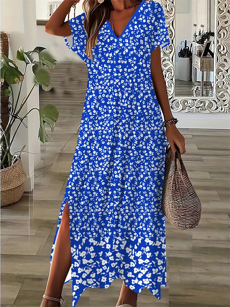 Vintage Geometric Irregular Printed T Shirt Long Women's Summer V-Neck Short Sleeve A-Line Dress Casual Vacation Slit Long Gowns