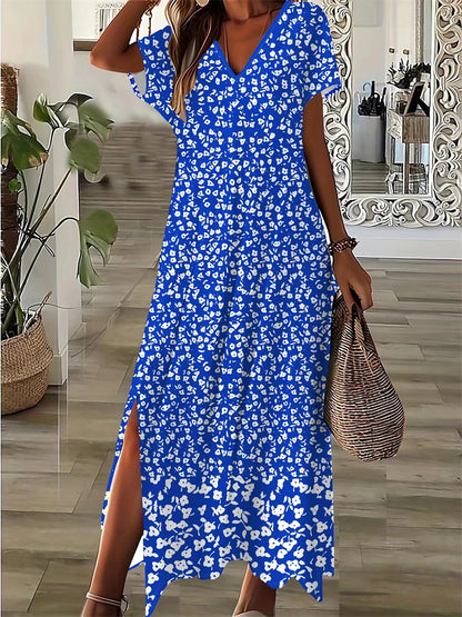Vintage Geometric Irregular Printed T Shirt Long Women's Summer V-Neck Short Sleeve A-Line Dress Casual Vacation Slit Long Gowns