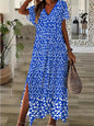 Vintage Geometric Irregular Printed T Shirt Long Women's Summer V-Neck Short Sleeve A-Line Dress Casual Vacation Slit Long Gowns