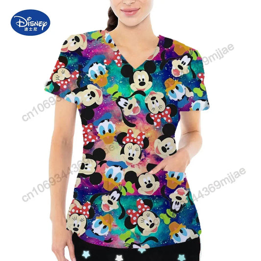 2024 Summer New Disney Cartoon Pattern Top Fashion V-neck Double Pocket Design Style T-shirt Casual Comfortable Women's Wear