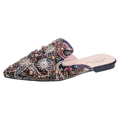 Summer 2023 New Elegant Women Rivets Slides Mules Breathable Flat Slippers Closed Toe Slides Party Shoes