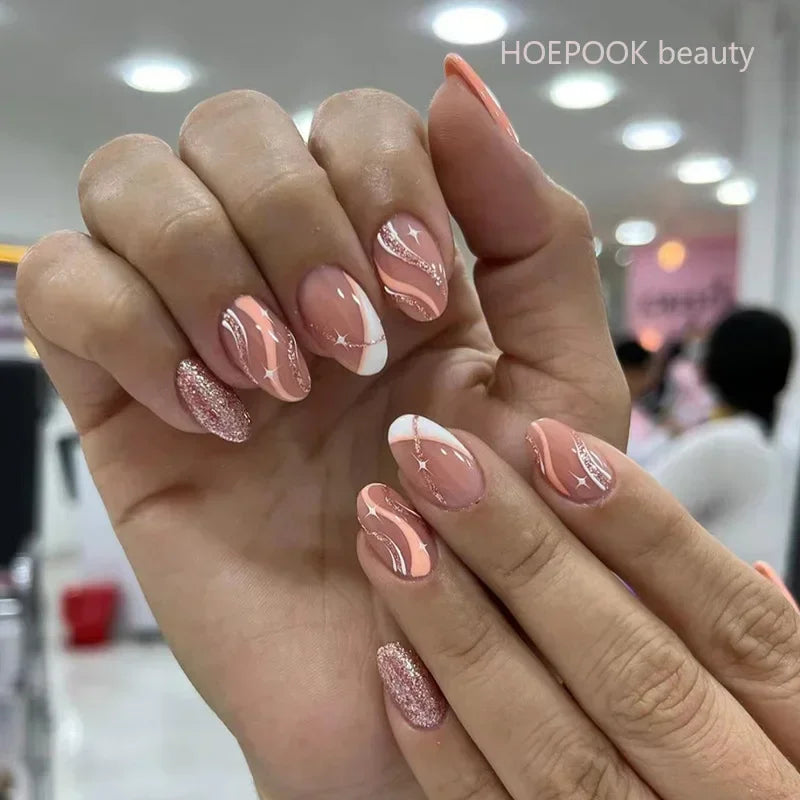 24pcs Black 3D Bow Almond Fake Nails Tips Pearl Love Sequin Design False Nails Art Removable Waterproof Artificial Press on Nail