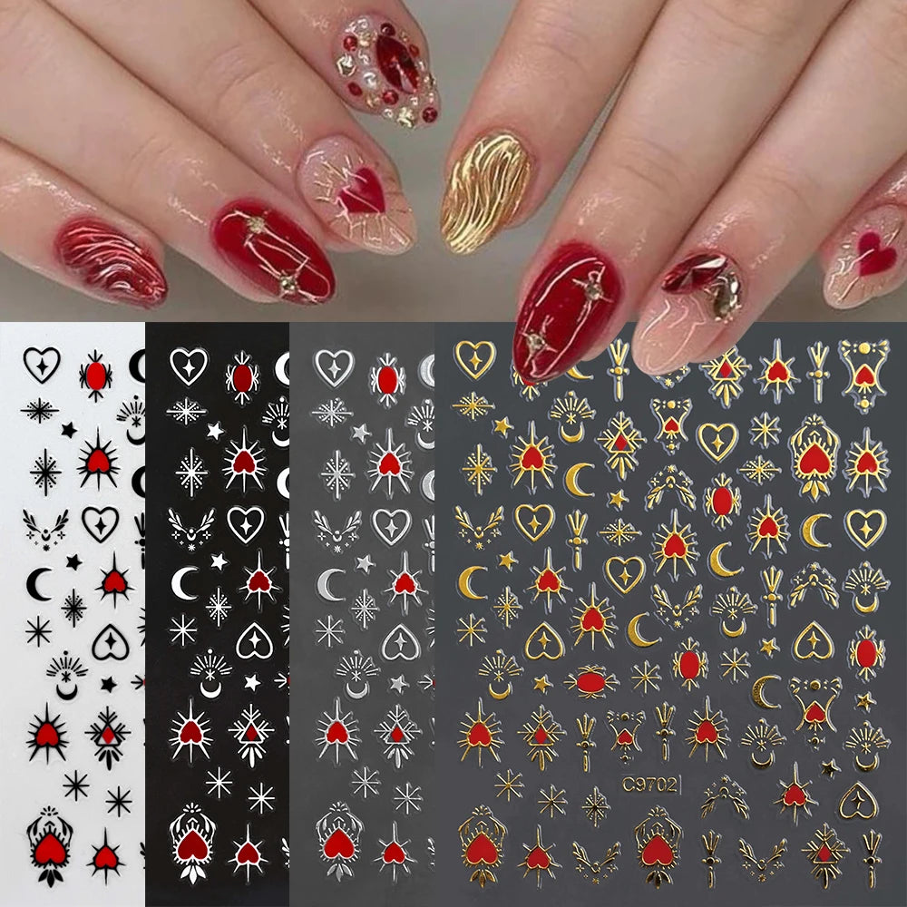8Pcs Red Heart Nail Stickers 3D Bronzing Silver Gold Heart Shape Star & Moon Metal Totem Nail Slider Self-Adhesive DIY Nail Art*
