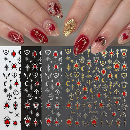 8Pcs Red Heart Nail Stickers 3D Bronzing Silver Gold Heart Shape Star & Moon Metal Totem Nail Slider Self-Adhesive DIY Nail Art*