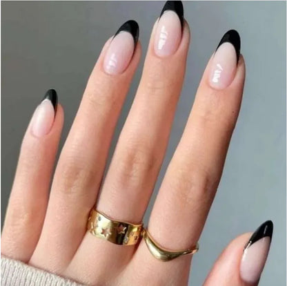 24pcs Black 3D Bow Almond Fake Nails Tips Pearl Love Sequin Design False Nails Art Removable Waterproof Artificial Press on Nail