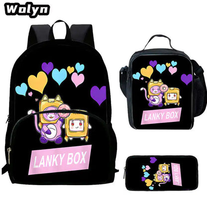 3Pcs Set LankyBox School Backpacks with Lunch Bag Pencil Case,Cartoon Large Capacity School Bags for Grade 1-4,Mochila for Pupil