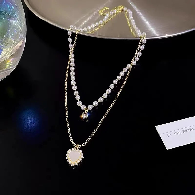2023 New Fashion Trend Light Luxury Elegant Delicate Pearl Double Layer Heart Necklace Ladies High Jewelry Party Gifts Wholesale