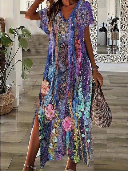 Vintage Geometric Irregular Printed T Shirt Long Women's Summer V-Neck Short Sleeve A-Line Dress Casual Vacation Slit Long Gowns