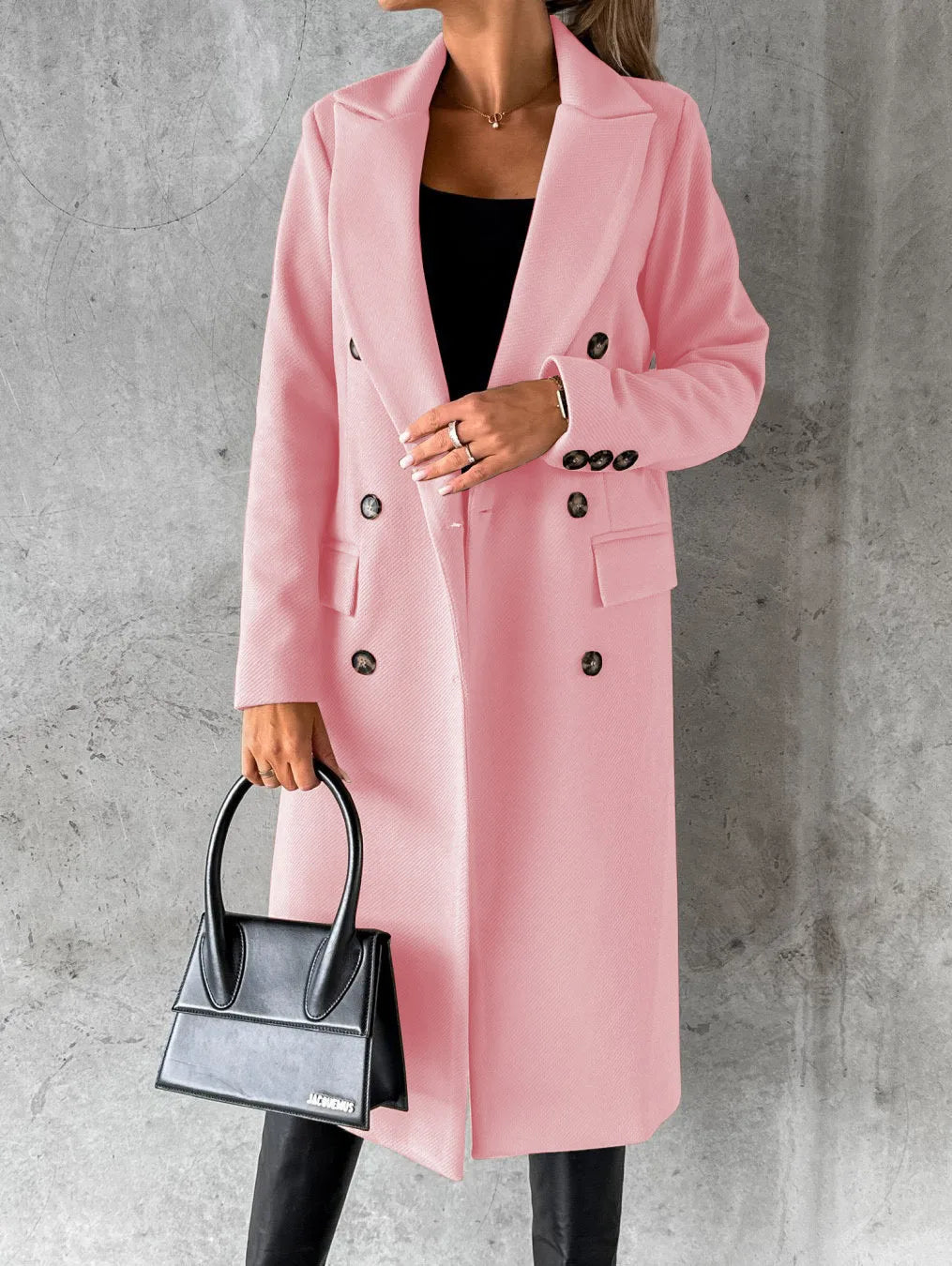 Women's Spring Style New Set Versatile Woolen Coat Solid Color Long Sleeve Double breasted Insert Pocket