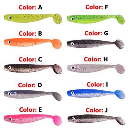 10 Pcs Fishing Double Colors Silicone 3D Eyes Soft Lure 6.8cm 2g T-tail Jig Wobblers Tackle Artificial Sequin Bait for Bass