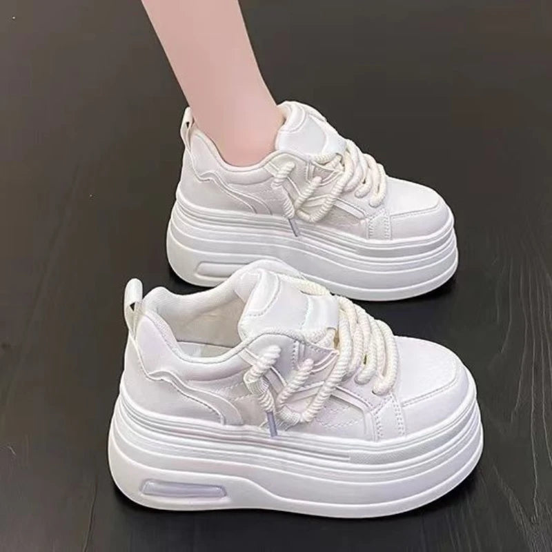 Fashion Platform Sneakers Women Spring Autumn Comfort Round Toe Lace-up 8CM Thick Bottom Black White Casual Sport Shoes