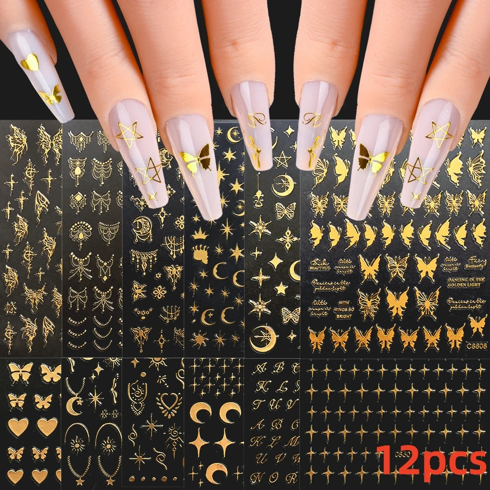 8Pcs Red Heart Nail Stickers 3D Bronzing Silver Gold Heart Shape Star & Moon Metal Totem Nail Slider Self-Adhesive DIY Nail Art*