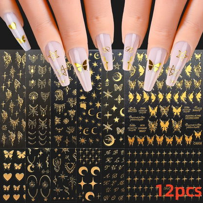 8Pcs Red Heart Nail Stickers 3D Bronzing Silver Gold Heart Shape Star & Moon Metal Totem Nail Slider Self-Adhesive DIY Nail Art*