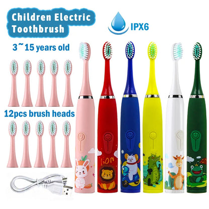 Children Sonic Electric Toothbrush Automatic Waterproof IPX7 Cleaning Brush Cartoon Kids With 12pcs Replacement Brush Heads