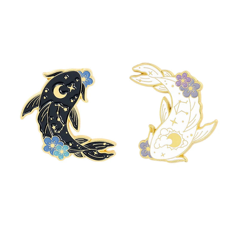 Cartoon Black White Animal Hug Enamel Pins Fox Koi Fish Dinosaur Deer Rabbit Crescent Ghost Alloy Brooch Badge Fashion Jewelry