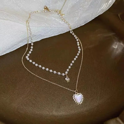 2023 New Fashion Trend Light Luxury Elegant Delicate Pearl Double Layer Heart Necklace Ladies High Jewelry Party Gifts Wholesale