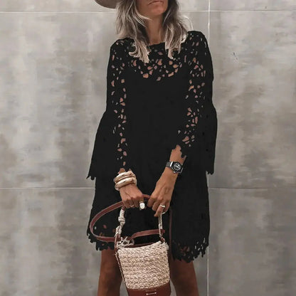 Autumn Women's Solid Color Dress Ethnic Style Sexy Lace Hollow Flower Temperament Elegant Casual Long Sleeved Knee Length Dress
