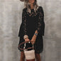Autumn Women's Solid Color Dress Ethnic Style Sexy Lace Hollow Flower Temperament Elegant Casual Long Sleeved Knee Length Dress