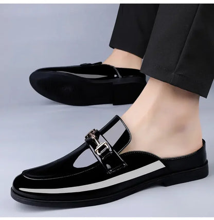 Men's slippers half drag summer new leather texture large size leather shoes men's slippers men