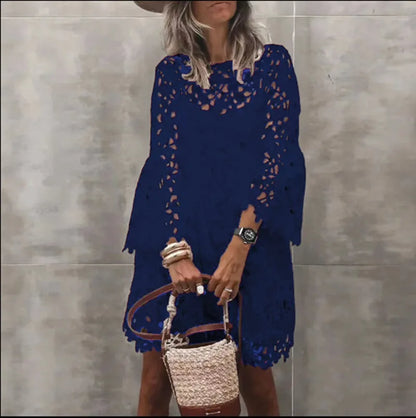 Autumn Women's Solid Color Dress Ethnic Style Sexy Lace Hollow Flower Temperament Elegant Casual Long Sleeved Knee Length Dress