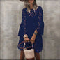 Autumn Women's Solid Color Dress Ethnic Style Sexy Lace Hollow Flower Temperament Elegant Casual Long Sleeved Knee Length Dress