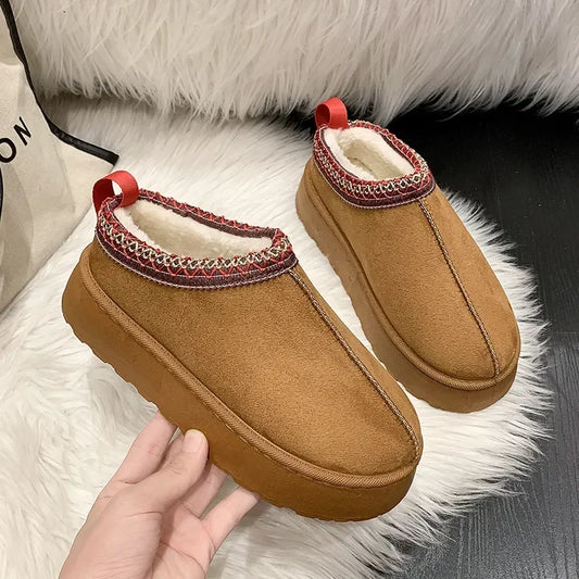 Snow Boots 2024 Winter New Women Cashmere Warm Thick Soles Without Heel-covered Hair Half Slipper Cotton Shoes for Women