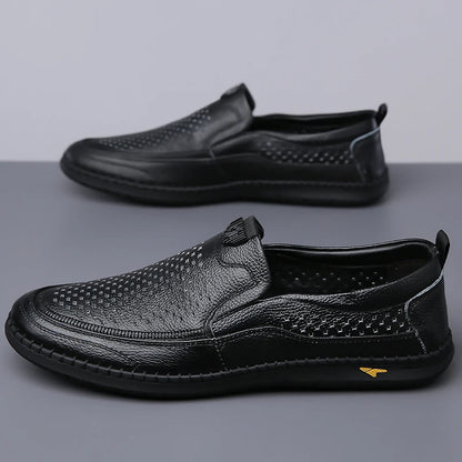 Men Casual Summer Footwear Breathable Mens Leisure Walk Loafers Genuine Leather Moccasins Hollow Out Slip on Male Driving Shoes