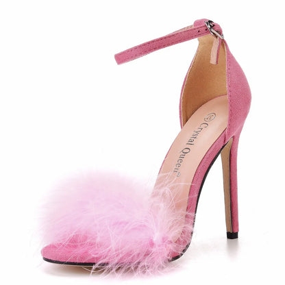Sexy Feather High Heel Sandals Women's European  American Large 46 Fish Mouth High Heel Sandals Women Shallow Mouth Women's Shoe