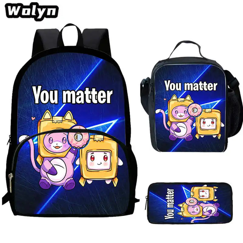3Pcs Set LankyBox School Backpacks with Lunch Bag Pencil Case,Cartoon Large Capacity School Bags for Grade 1-4,Mochila for Pupil