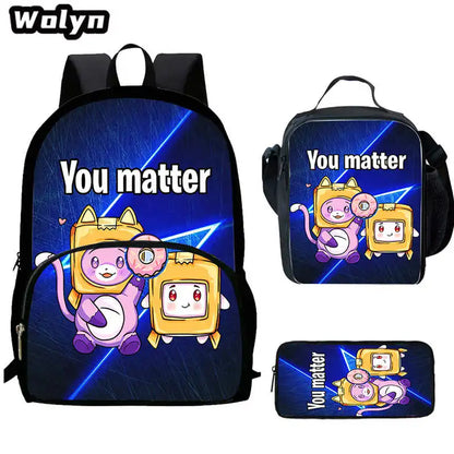 3Pcs Set LankyBox School Backpacks with Lunch Bag Pencil Case,Cartoon Large Capacity School Bags for Grade 1-4,Mochila for Pupil