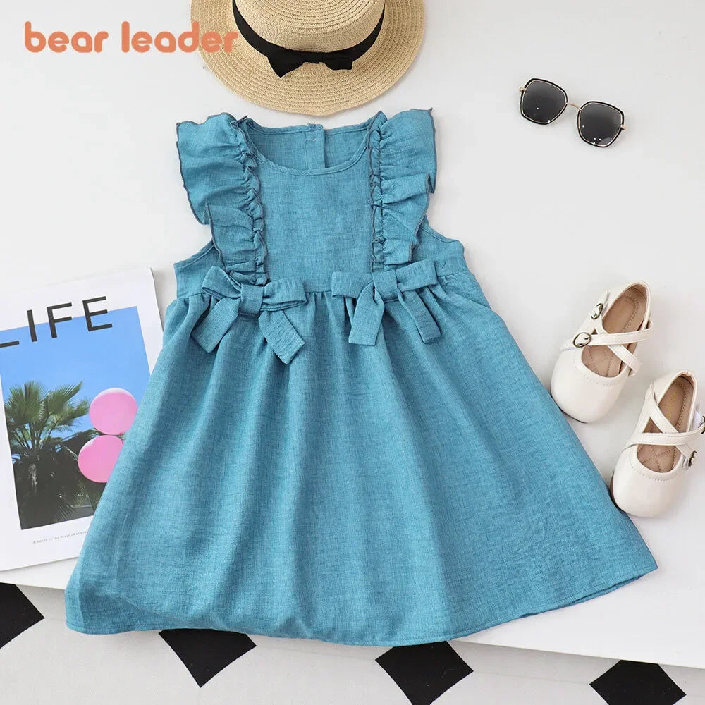 Bear Leader Summer Ruffled Edge Sleeveless Solid Color Girls Bow Princess Dresses Kids Clothing Baby Casual Wear 3-7 Years