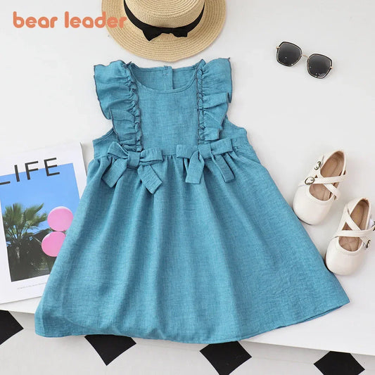 Bear Leader Summer Ruffled Edge Sleeveless Solid Color Girls Bow Princess Dresses Kids Clothing Baby Casual Wear 3-7 Years