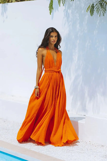 Canwedance Solid Color Bandage Maxi Dress Sleeveless Open Back Holiday Vestidos Female Deep V Neck Backless Halter Dresses