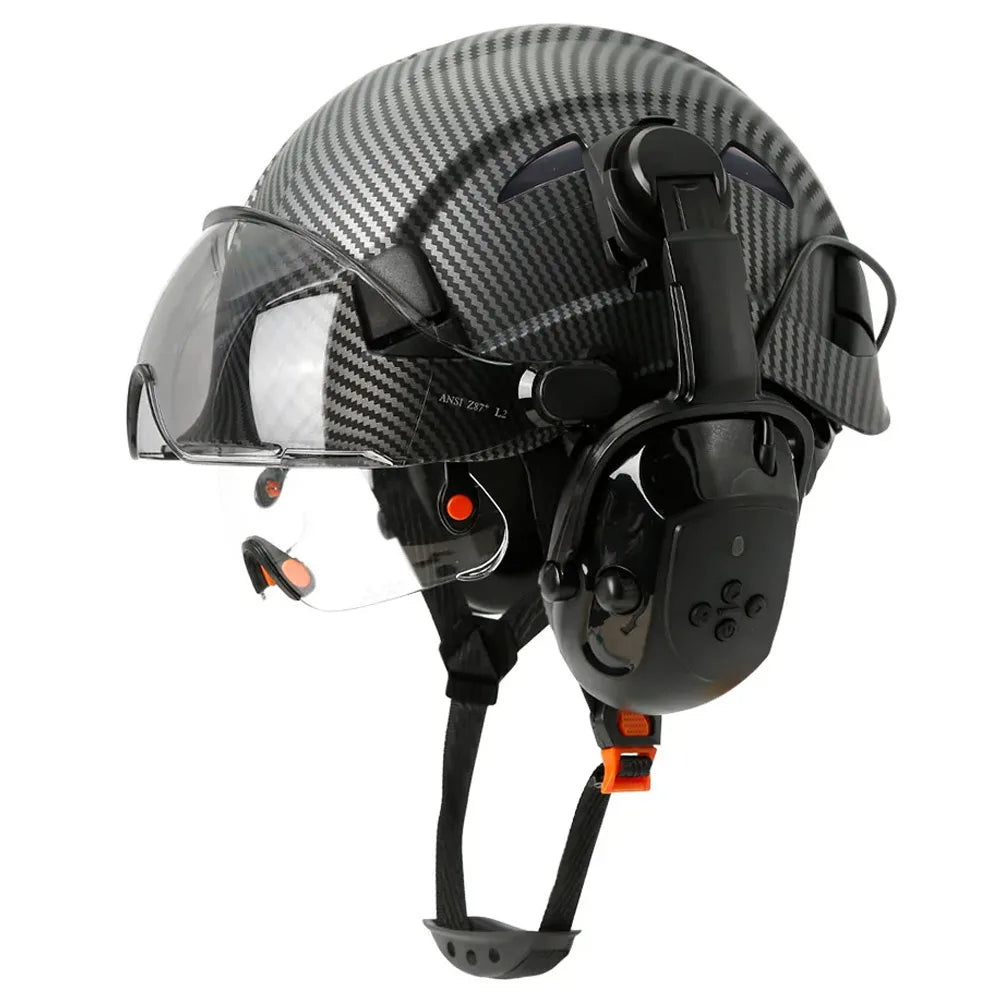 Bluetooth 5.0 Earmuffs Safety Helmet With Visors For Engineer ABS Carbon Fiber Pattern Construction Hard Hat Industrial Cap ANSI
