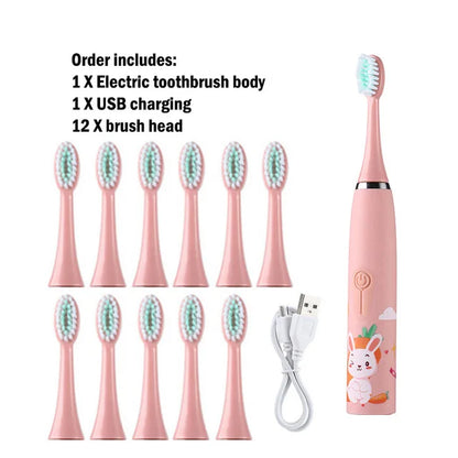 Children Sonic Electric Toothbrush Automatic Waterproof IPX7 Cleaning Brush Cartoon Kids With 12pcs Replacement Brush Heads