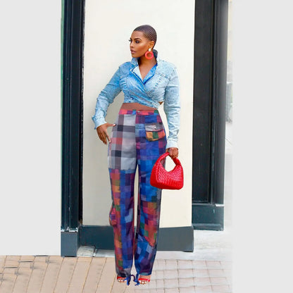 CM.YAYA Women 3D Plaid Printed Multi Pocket Drawstring Hem Straight Cargo Pants 2023 New Fashion Safari Style Trousers