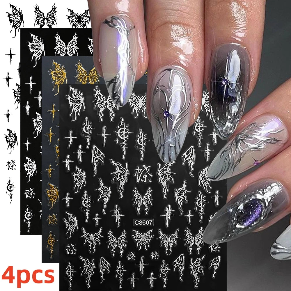 8Pcs Red Heart Nail Stickers 3D Bronzing Silver Gold Heart Shape Star & Moon Metal Totem Nail Slider Self-Adhesive DIY Nail Art*