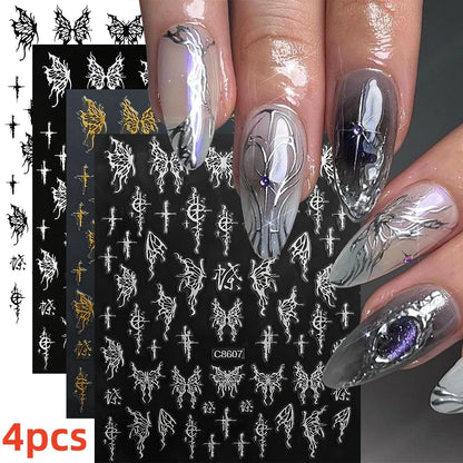 8Pcs Red Heart Nail Stickers 3D Bronzing Silver Gold Heart Shape Star & Moon Metal Totem Nail Slider Self-Adhesive DIY Nail Art*