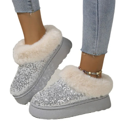 2024 New Faux Fur Winter Boots Women Fashion Sequined Cloth Warm Snow Boots Woman Non-Slip Thicken Plush Ankle Booties Plus Size