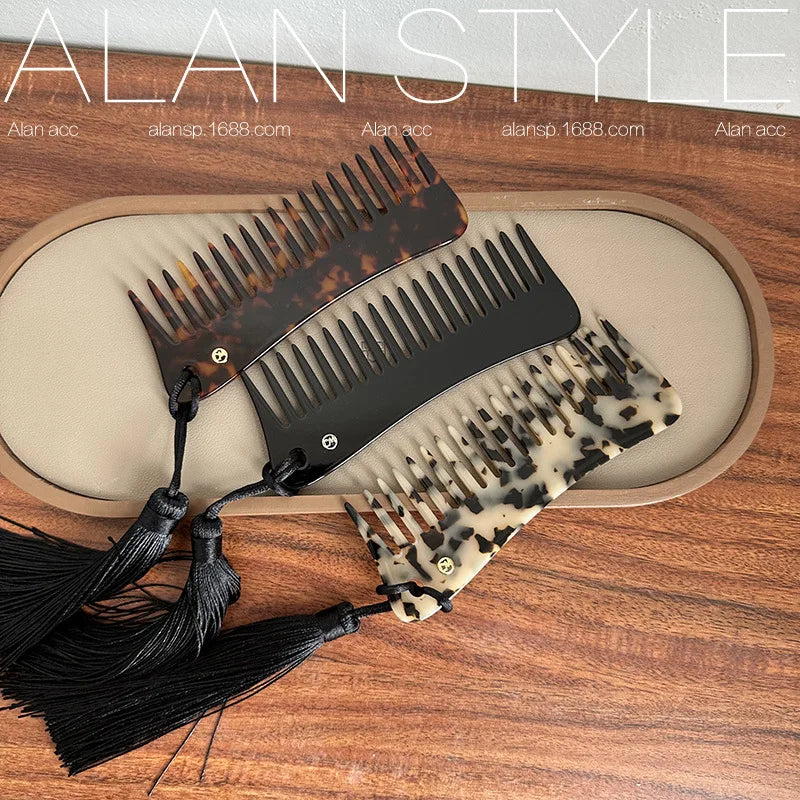 Retro Wide Large Tooth Pocket Hair Comb Acetate Tortoise Shell Anti-static Handmade Marble Leopard Print Hairdressing Combs