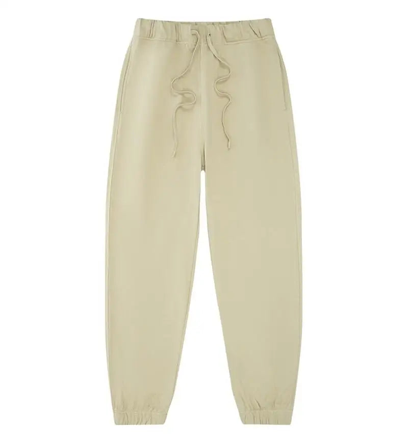 330g Mens 100% Cotton Spring Casual Long Pant French Terry Plain Brown Jogger Sports Trousers Male Flat Unlined Pocket Sweatpant
