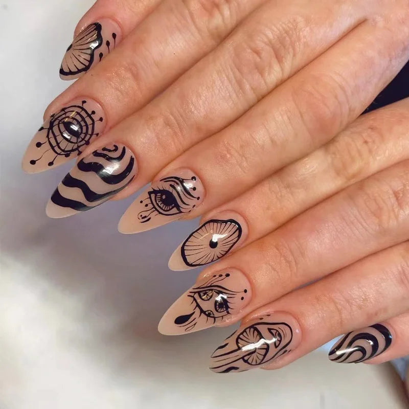 24pcs Black 3D Bow Almond Fake Nails Tips Pearl Love Sequin Design False Nails Art Removable Waterproof Artificial Press on Nail