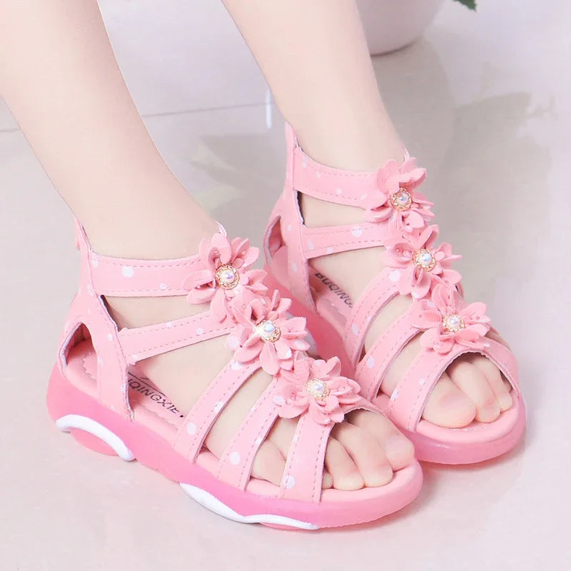 Girls Sandals Flowers Kids Roman Sandals Children Gladiator Shoes Soft Leather With Dots Zipper Pearl Beading Toddler 1-12 Years